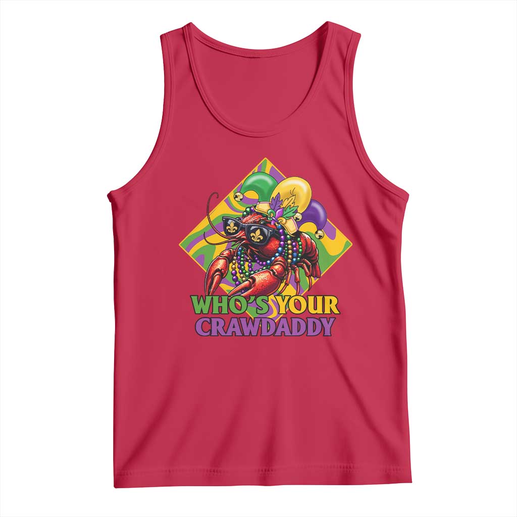 Red tank top with crawfish jester graphic and “WHO’S YOUR CRAWDADDY”