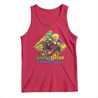 Red tank top with crawfish jester graphic and “WHO’S YOUR CRAWDADDY”