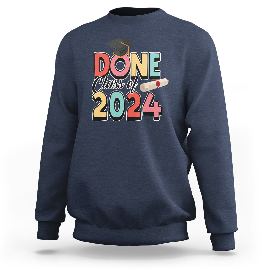 Navy graduation sweatshirt with 'Done Class of 2024' cap graphic on front