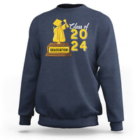 Navy graduation sweatshirt with “Class of 2024” graphic and cap-and-gown emblem