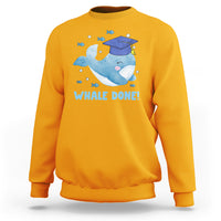 Gold graduation sweatshirt with whale graphic and “WHALE DONE!” printed message