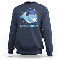 Navy graduation sweatshirt with whale graphic and “WHALE DONE!” lettering