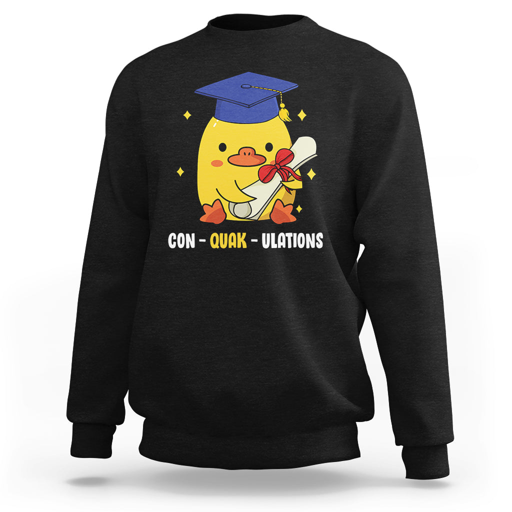Black graduation sweatshirt with duck wearing a cap graphic and CON-QUAK-ULATIONS text