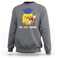 Charcoal graduation sweatshirt with duck wearing a cap graphic and CON-QUAK-ULATIONS text