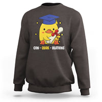 Dark forest green graduation sweatshirt with duck wearing a cap graphic and CON-QUAK-ULATIONS text