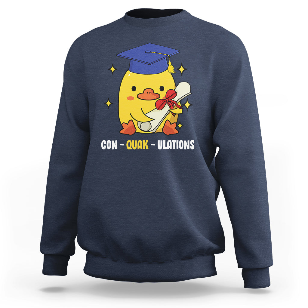 Navy graduation sweatshirt with duck wearing a cap graphic and CON-QUAK-ULATIONS text