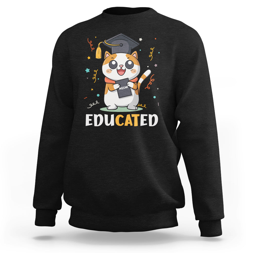 Black cat graduation sweatshirt with 'Educated' text and cartoon cat holding a diploma