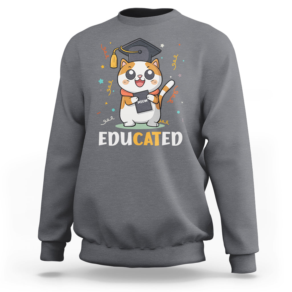 Charcoal cat graduation sweatshirt with 'Educated' text and cartoon cat holding a diploma