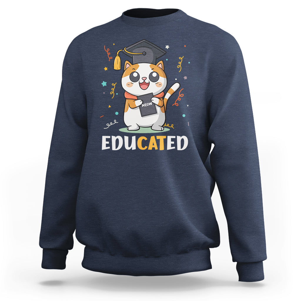Navy cat graduation sweatshirt with 'Educated' text and cartoon cat holding a diploma