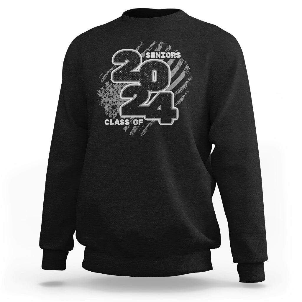 Graduation sweatshirt, black with "Seniors 2024" and "Class of" front graphic