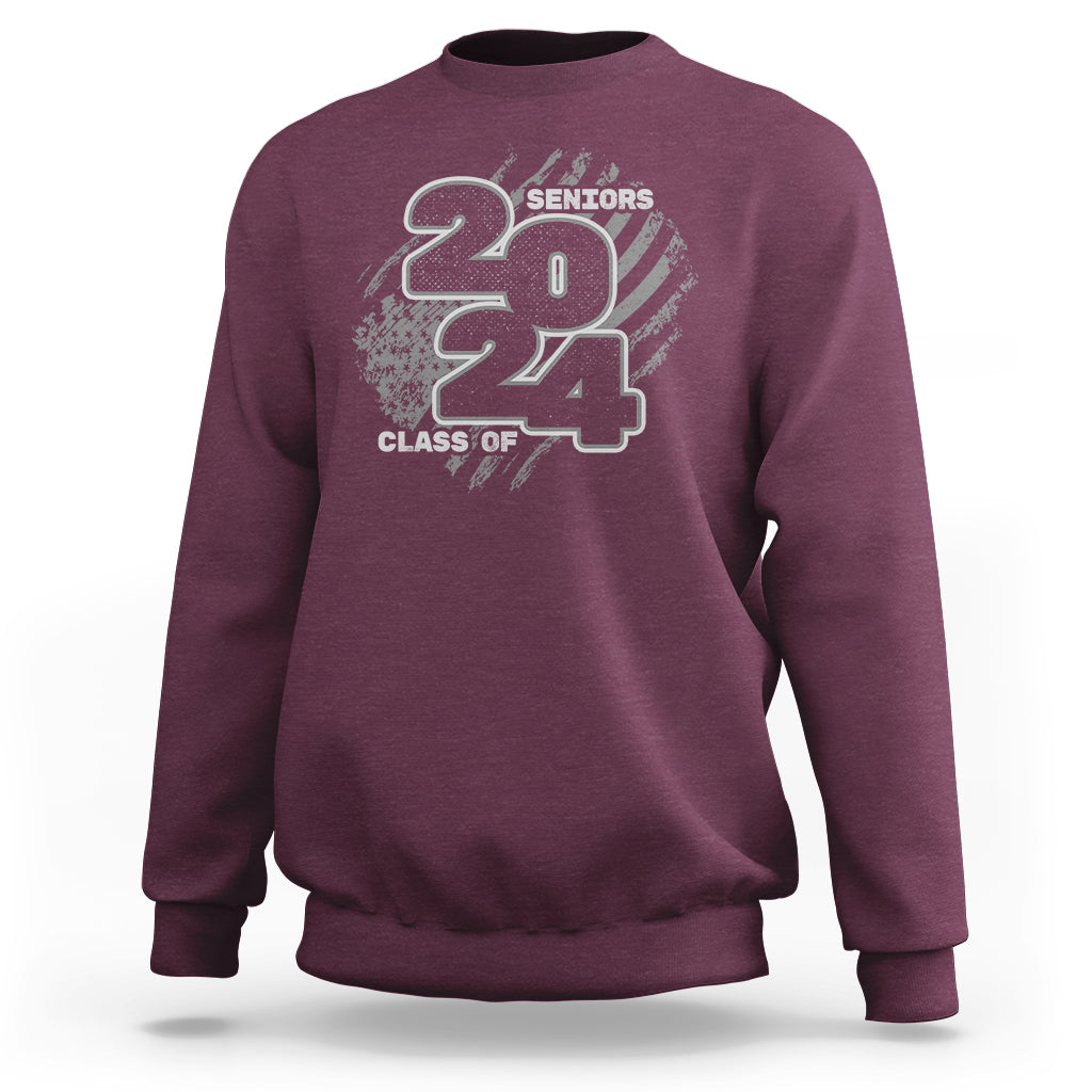 Graduation sweatshirt, purple with "Seniors 2024" and "Class of" front graphic
