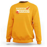 Gold PhD graduation sweatshirt with “DISSERTATION DEFENDED” front print