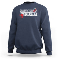 Navy PhD graduation sweatshirt with “DISSERTATION DEFENDED” front print