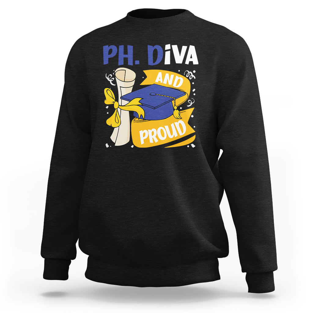 Black Ph.D. graduation sweatshirt with front graphic of diva and proud with cap