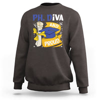 Dark brown Ph.D. graduation sweatshirt with front graphic of diva and proud with cap