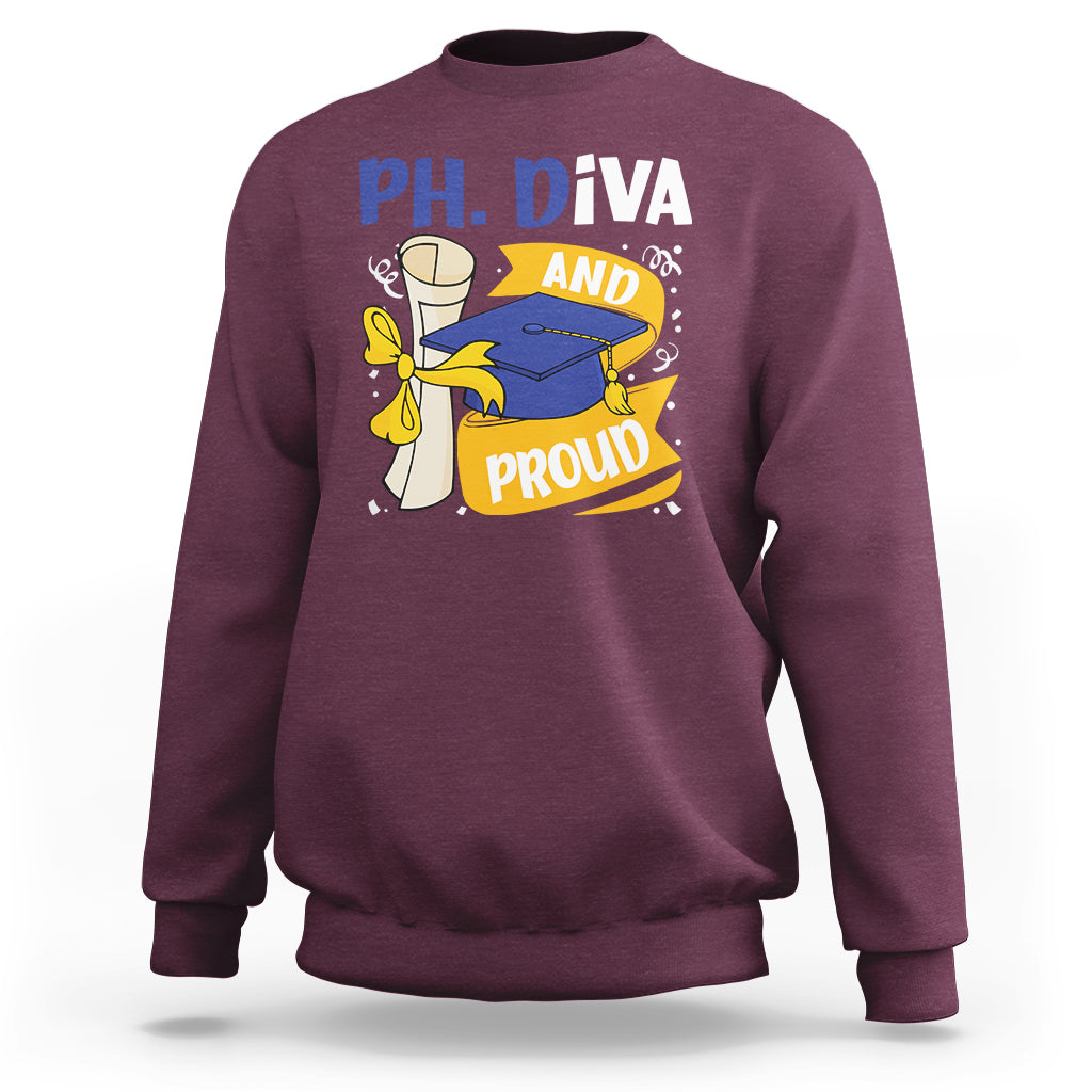 Maroon Ph.D. graduation sweatshirt with front graphic of diva and proud with cap