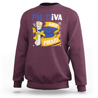 Maroon Ph.D. graduation sweatshirt with front graphic of diva and proud with cap