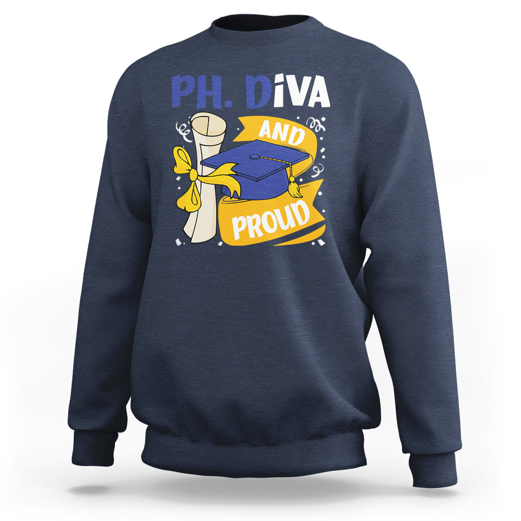 Navy Ph.D. graduation sweatshirt with front graphic of diva and proud with cap