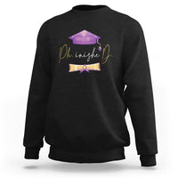 Black crewneck PhD graduation sweatshirt with long sleeves and purple cap back graphic