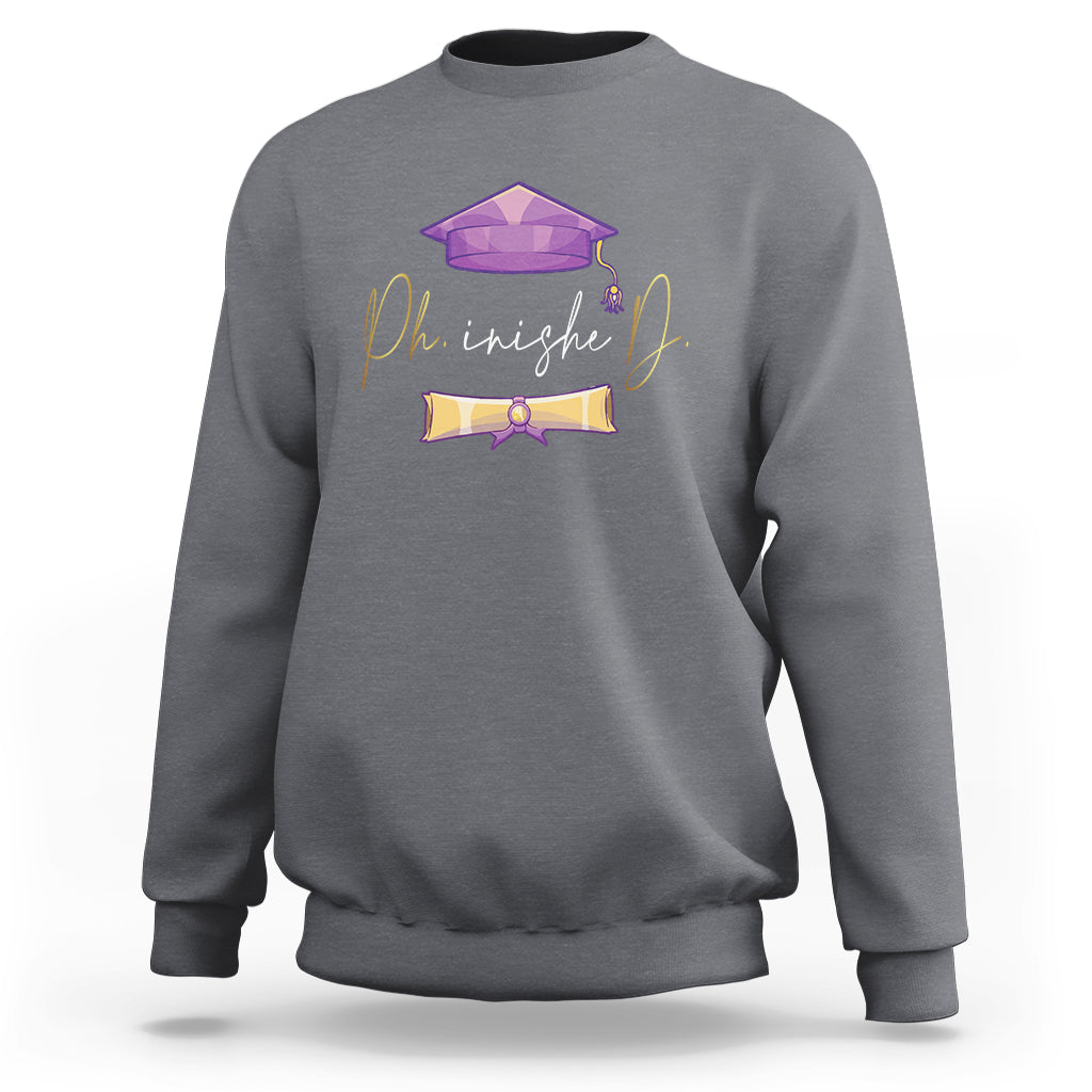 Charcoal gray crewneck PhD graduation sweatshirt with long sleeves and purple cap back graphic