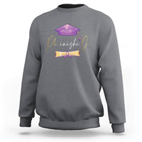 Charcoal gray crewneck PhD graduation sweatshirt with long sleeves and purple cap back graphic