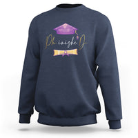 Navy blue crewneck PhD graduation sweatshirt with long sleeves and purple cap back graphic