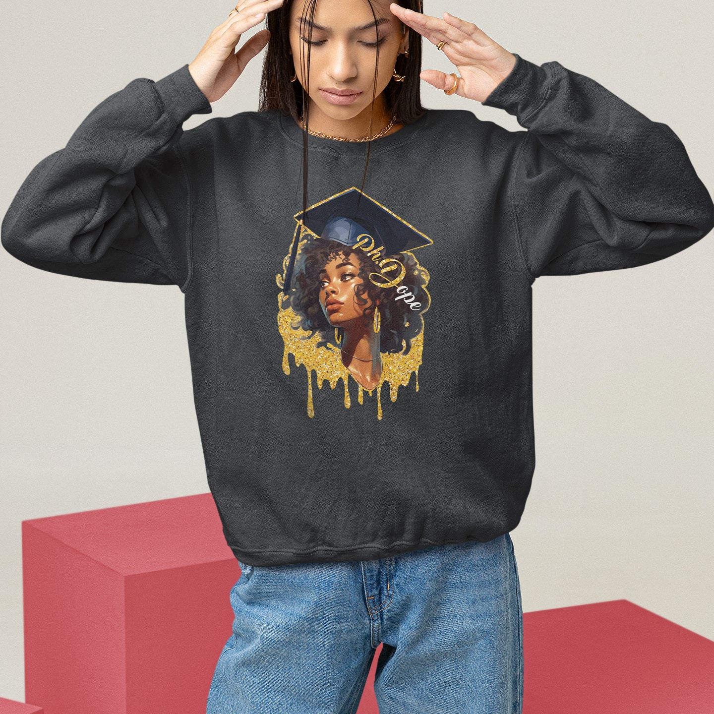 Ph.D. Graduation Sweatshirt Ph.Dope Black Afro Woman Doctorate Student Graduate - Wonder Print Shop