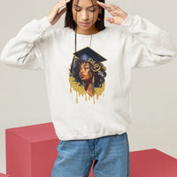 White crewneck sweatshirt with front doctorate cap graphic and dripped text