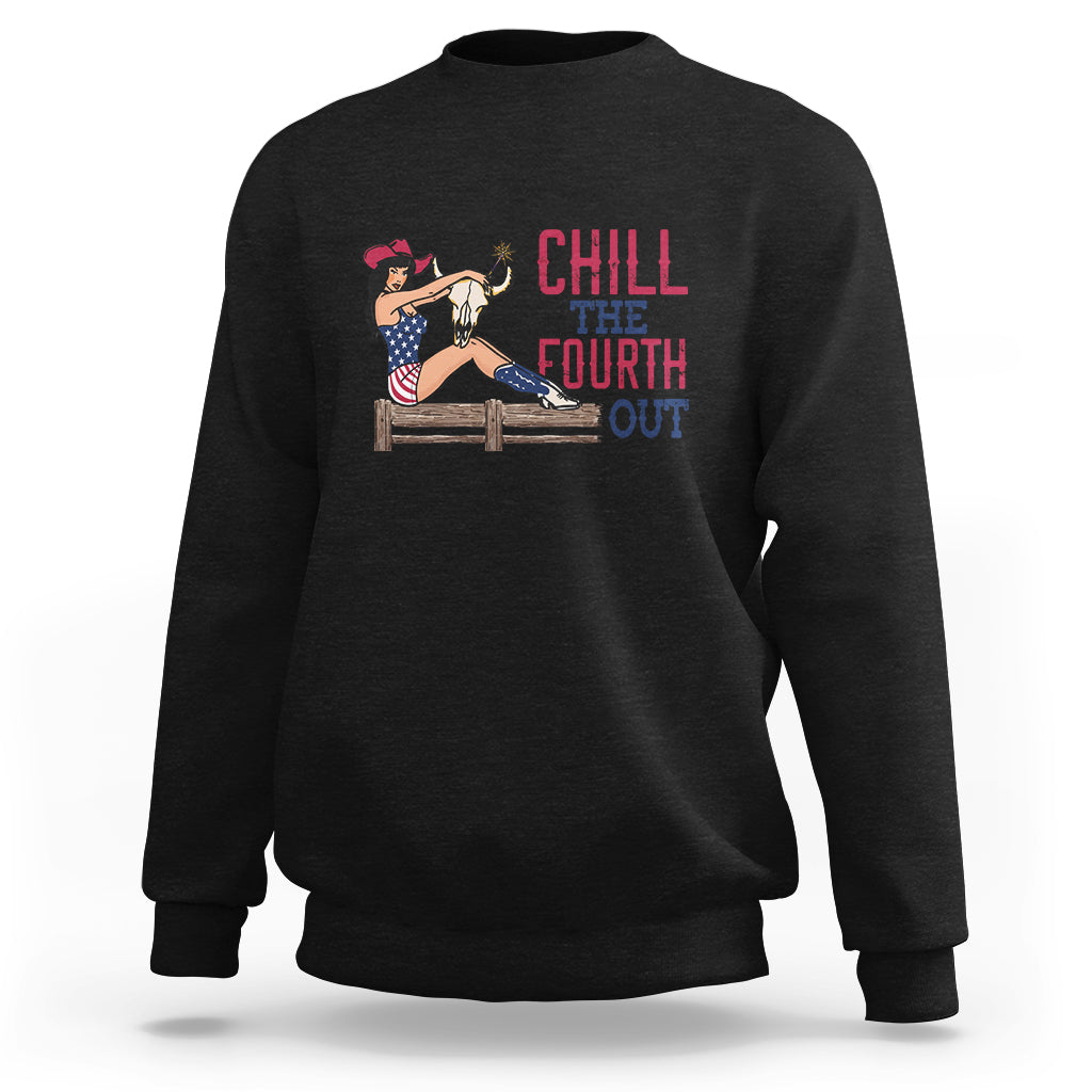 Women's black 4th of July graphic sweatshirt, 'Chill the Fourth Out' front print