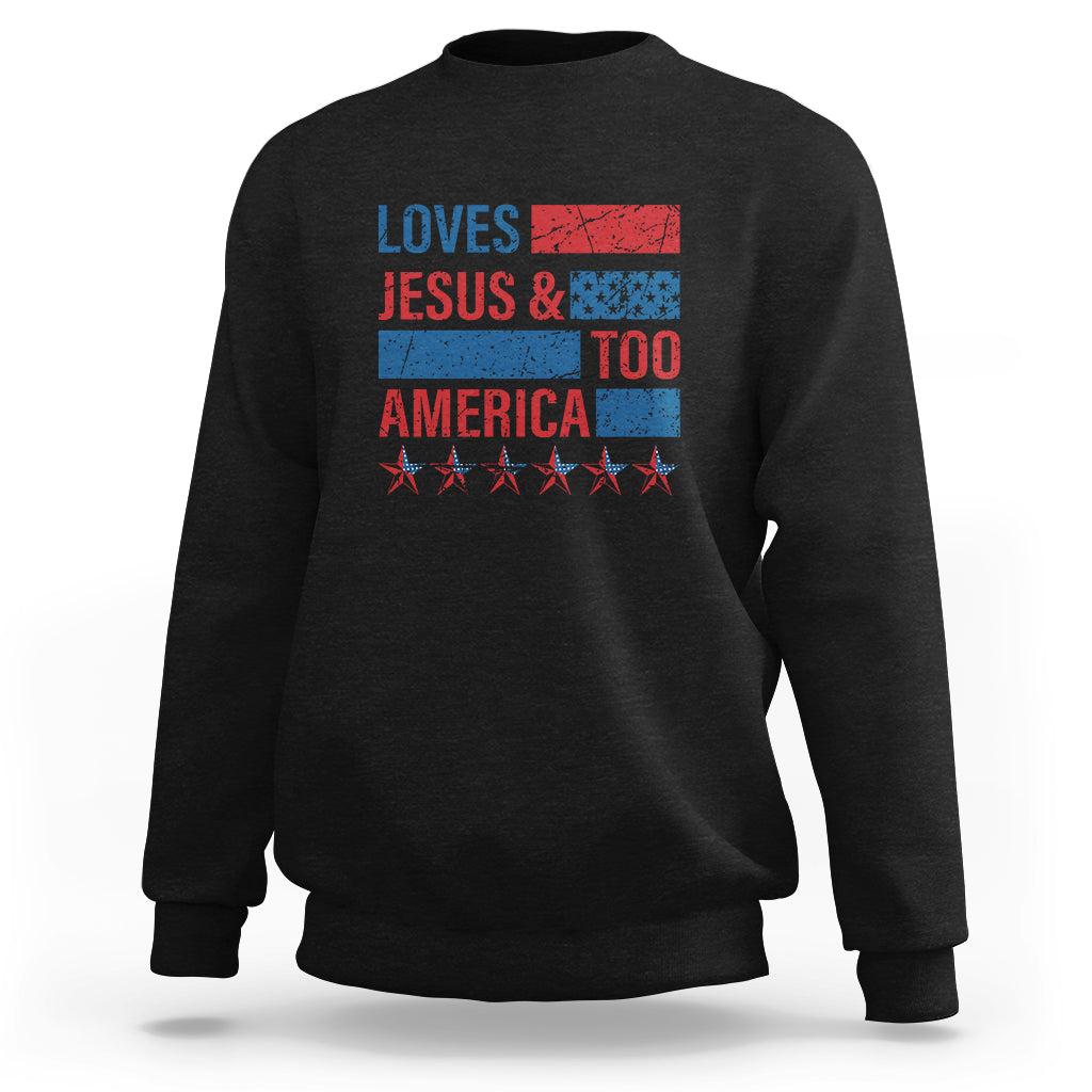 Black crewneck sweatshirt with patriotic “Loves Jesus & America” graphic