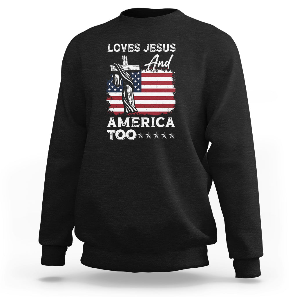 Black sweatshirt with “Loves Jesus And America Too” graphic and American flag