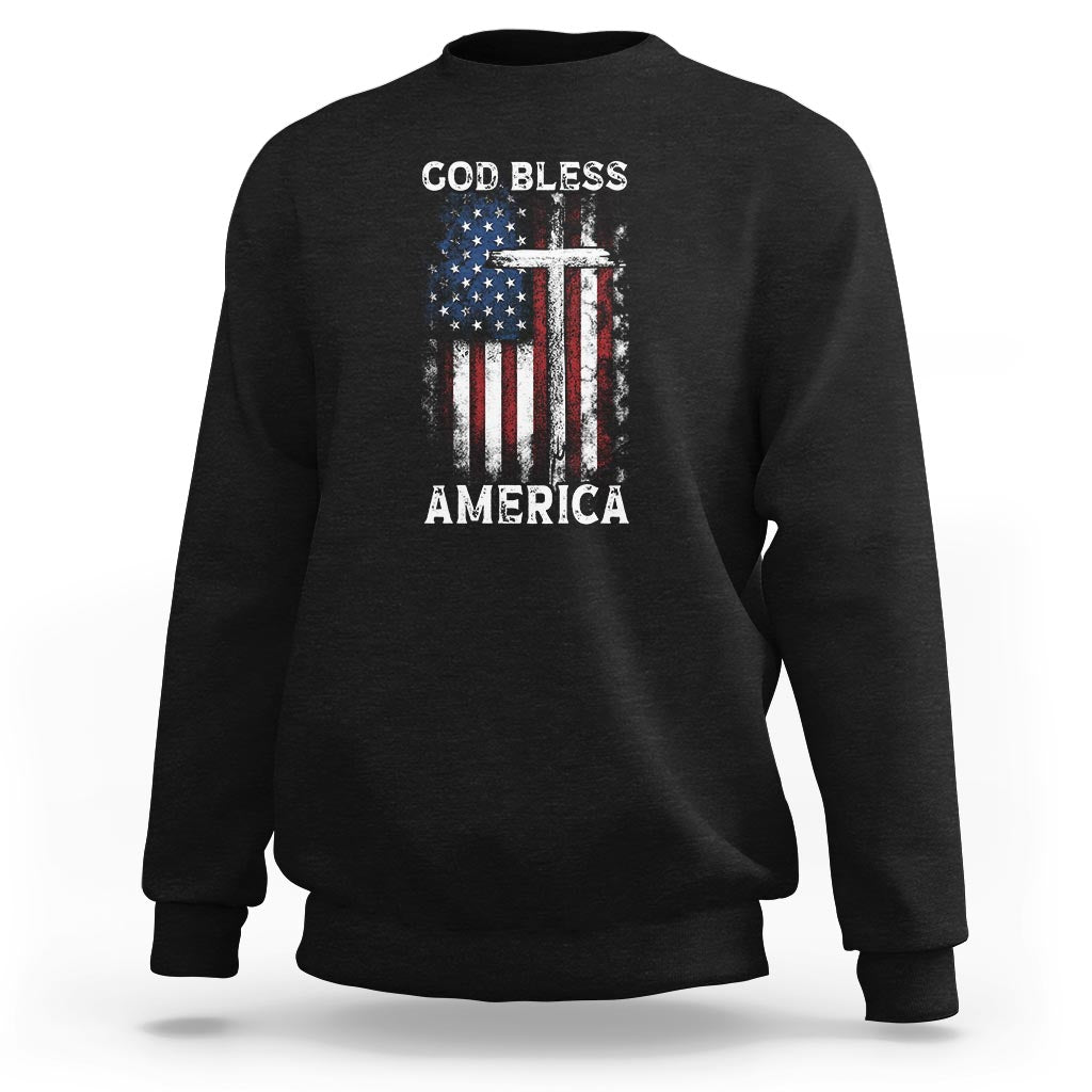 Black crewneck sweatshirt with 'God Bless America' graphic and flag-style print