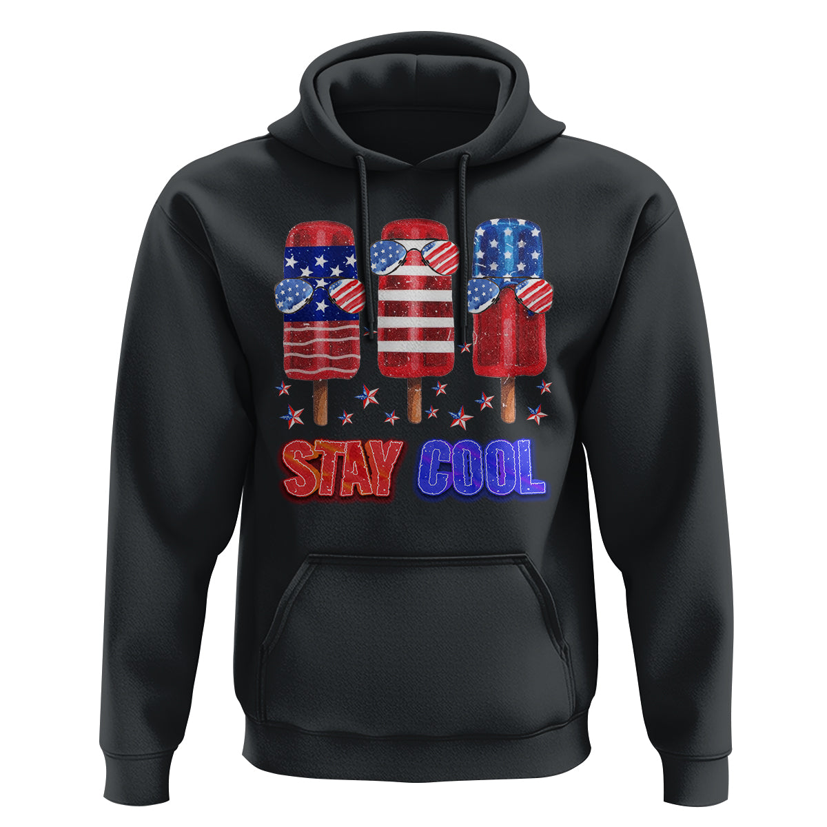 Black pullover hoodie with front “Stay Cool” patriotic ice cream graphic and flag stars