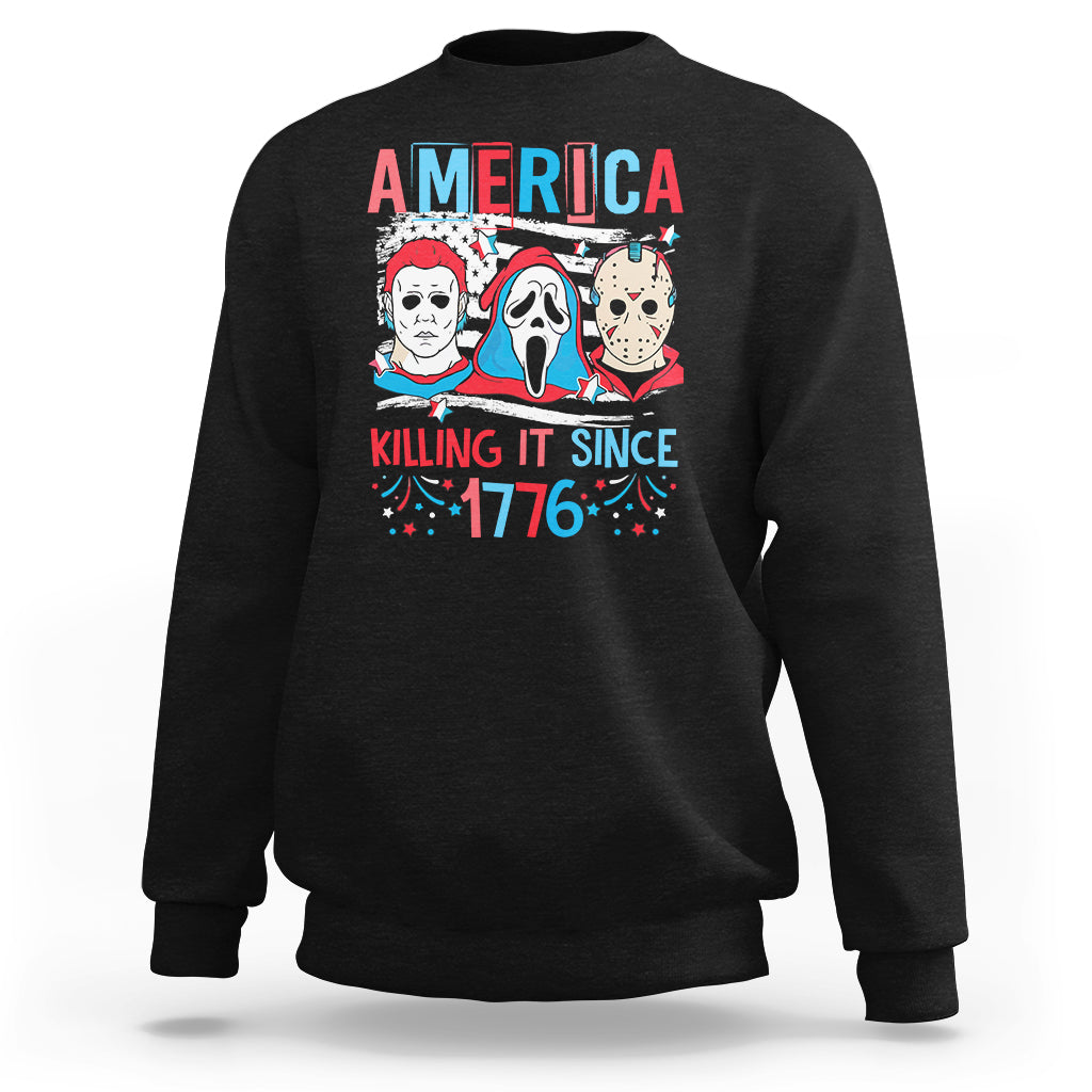 Black sweatshirt with “AMERICA” horror graphic and “KILLING IT SINCE 1776” text.