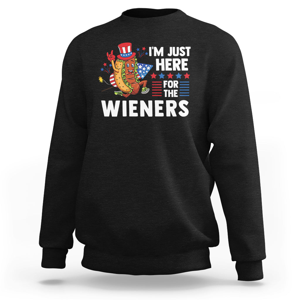 Black crewneck sweatshirt with colorful patriotic hot dog graphic and stacked slogan