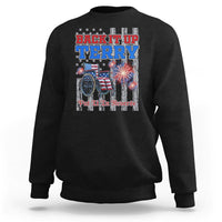 Black crewneck sweatshirt with 'Back It Up Terry' fireworks bicycle back print