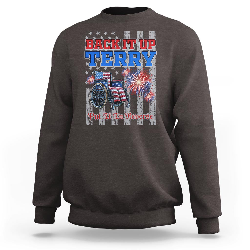 Dark chocolate crewneck sweatshirt with 'Back It Up Terry' fireworks bicycle back print