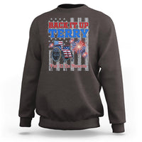 Dark chocolate crewneck sweatshirt with 'Back It Up Terry' fireworks bicycle back print