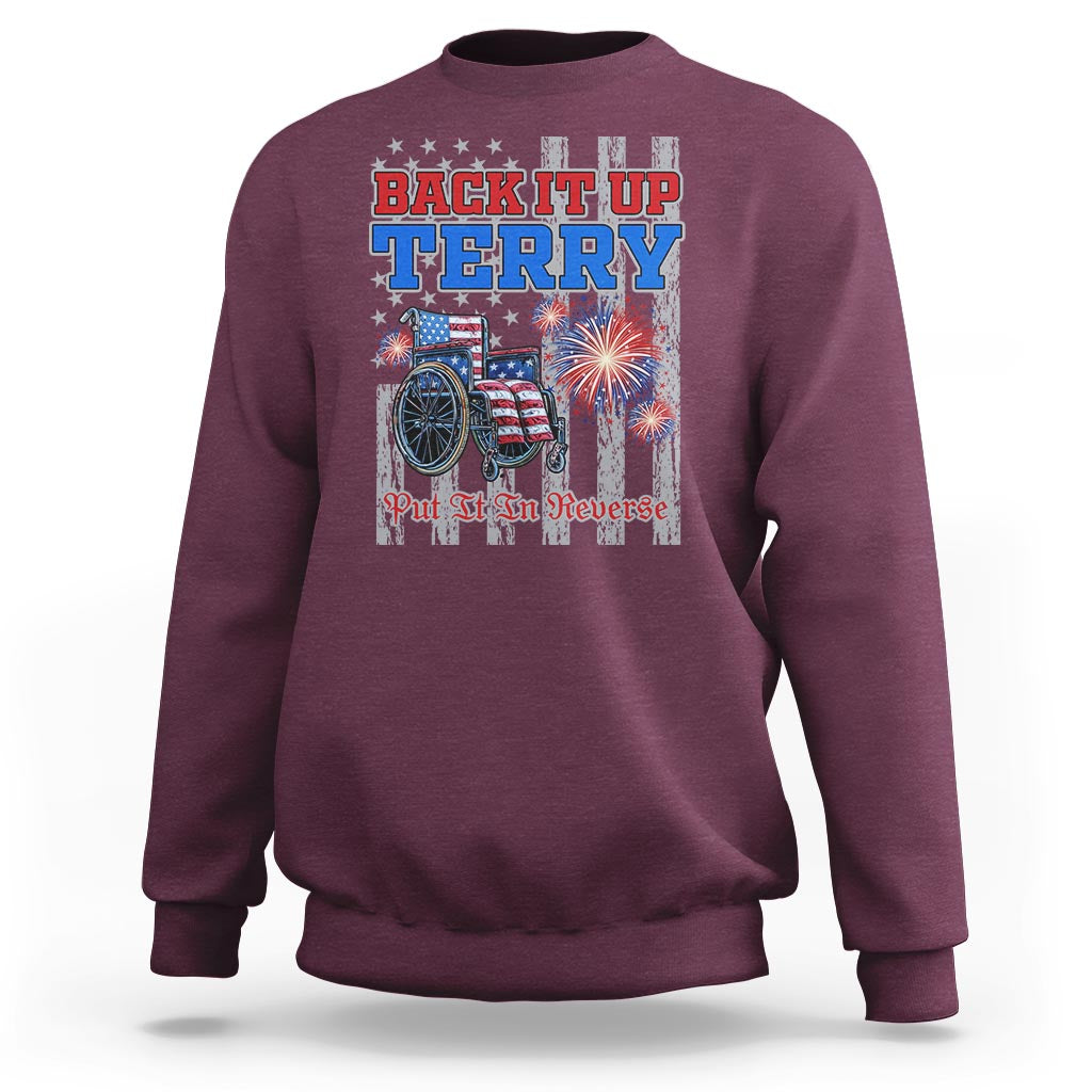 Maroon crewneck sweatshirt with 'Back It Up Terry' fireworks bicycle back print