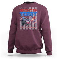 Maroon crewneck sweatshirt with 'Back It Up Terry' fireworks bicycle back print