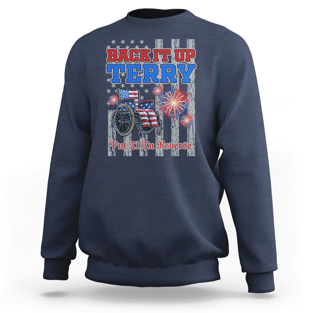 Navy crewneck sweatshirt with 'Back It Up Terry' fireworks bicycle back print