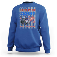 Royal blue crewneck sweatshirt with 'Back It Up Terry' fireworks bicycle back print
