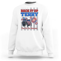 White crewneck sweatshirt with 'Back It Up Terry' fireworks bicycle back print