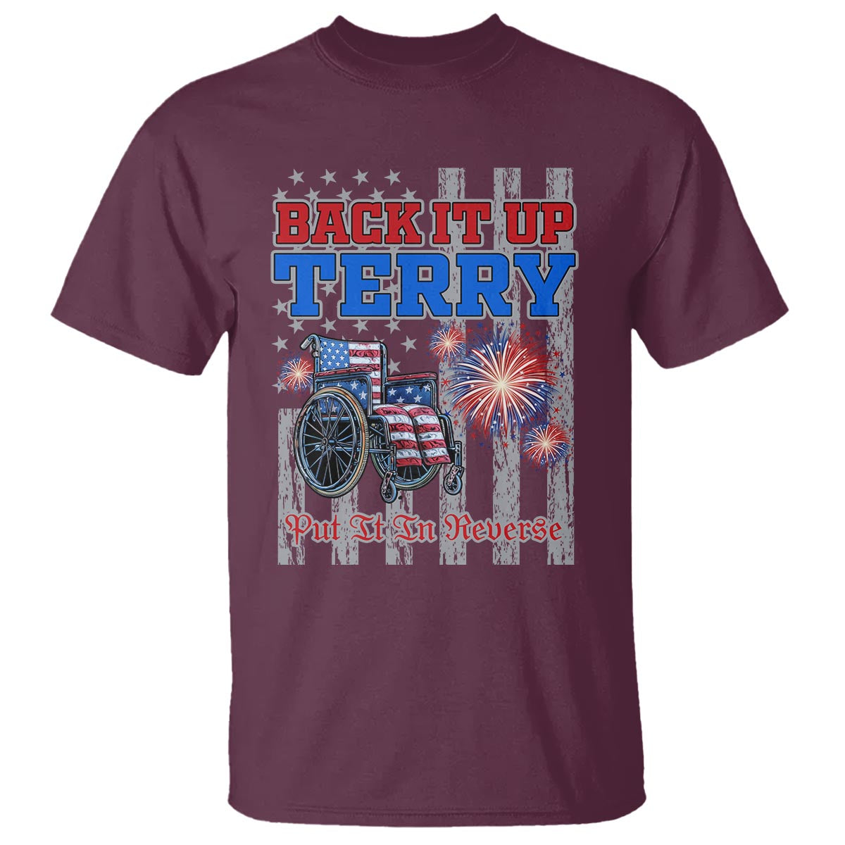 Maroon T-shirt with patriotic bicycle, fireworks, and “Put It in Reverse” text graphic