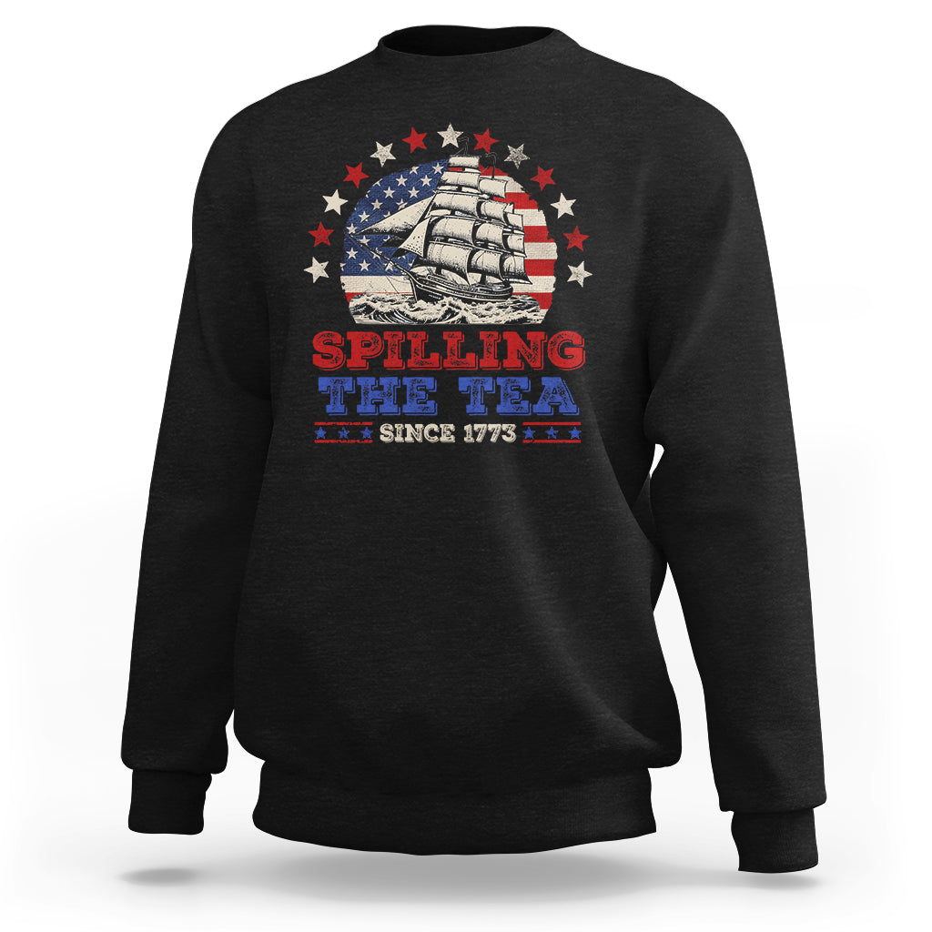 Black crewneck sweatshirt with 'Spilling the Tea Since 1773' patriotic tea graphic