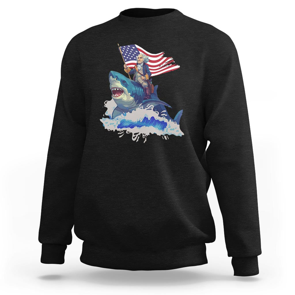 Black crewneck sweatshirt with patriotic George Washington riding a shark graphic.