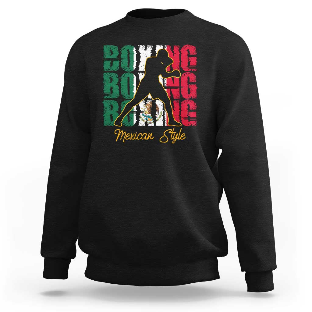 Black crewneck sweatshirt with Mexican boxing graphic on back