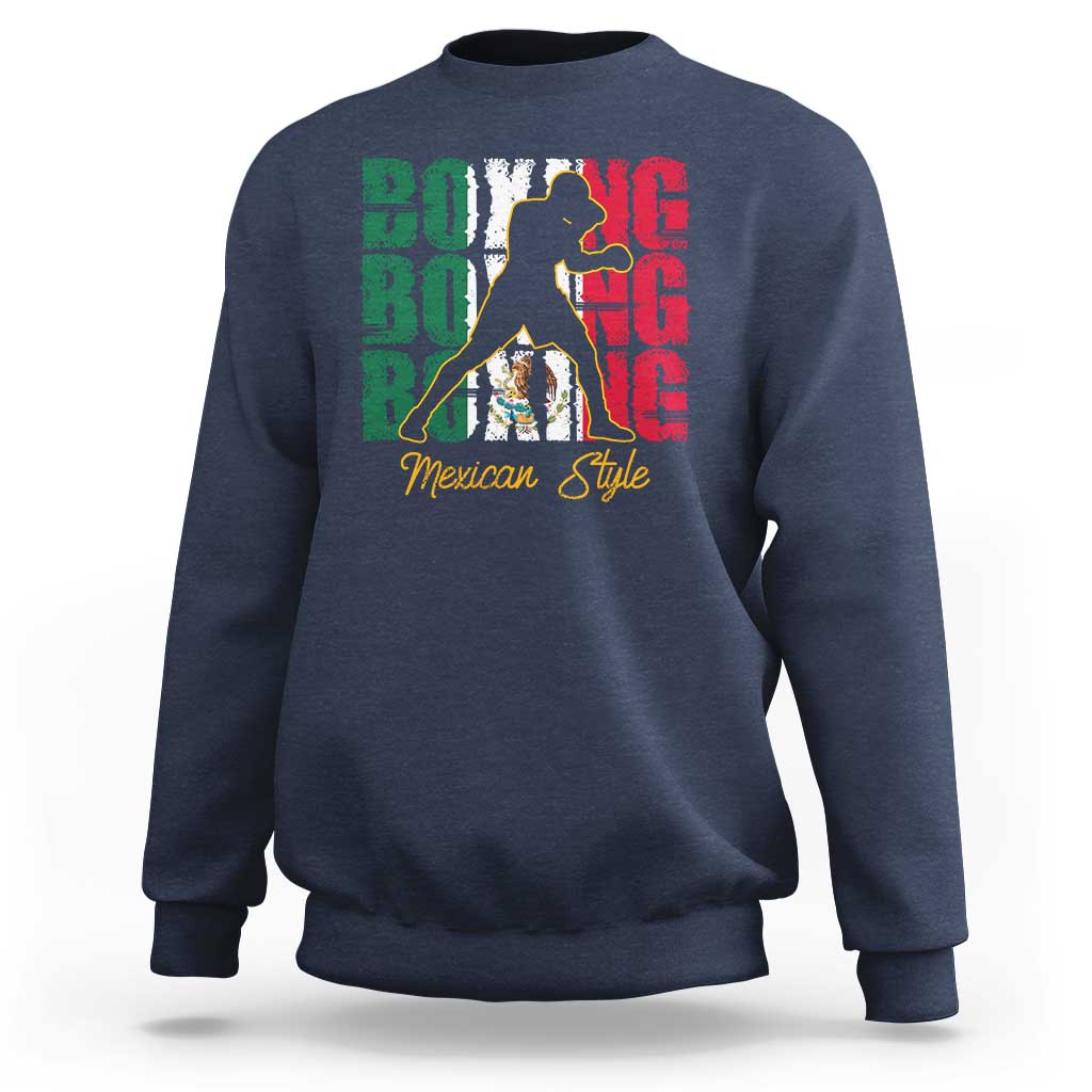 Navy crewneck sweatshirt with Mexican boxing graphic on back