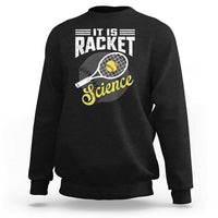 Black sweatshirt with tennis racket science graphic and ribbed cuffs.