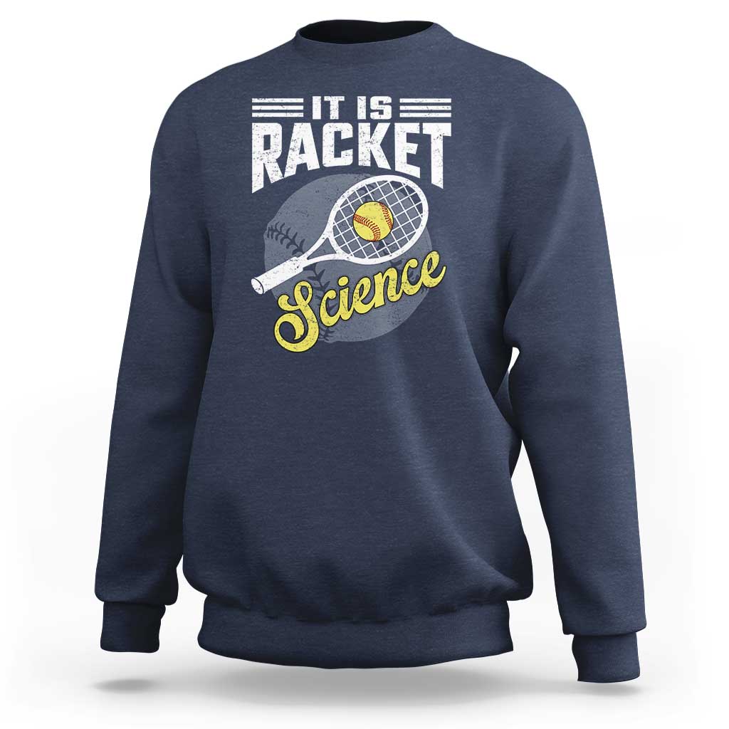 Navy sweatshirt with tennis racket science graphic and ribbed cuffs.
